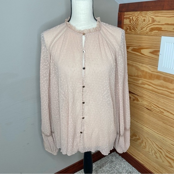 Keepsake Blush Pink Sheer Swiss Dot Peasant Open Front Button Up Blouse Small 4 - Picture 1 of 11